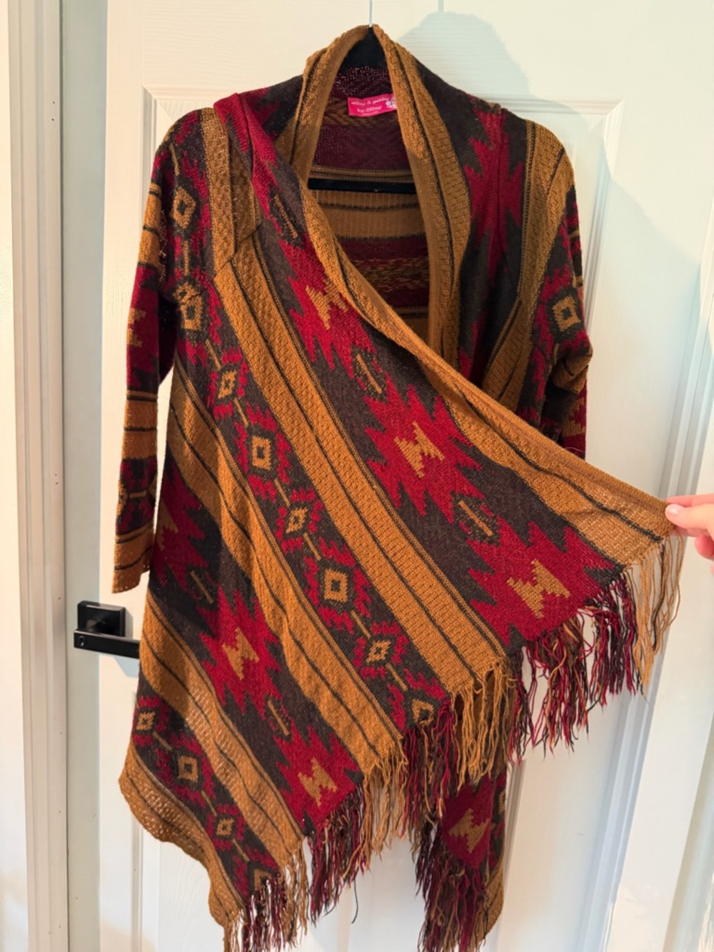 Fringed Aztec Open-Front Cardigan Sweater - Red, Brown, Mustard